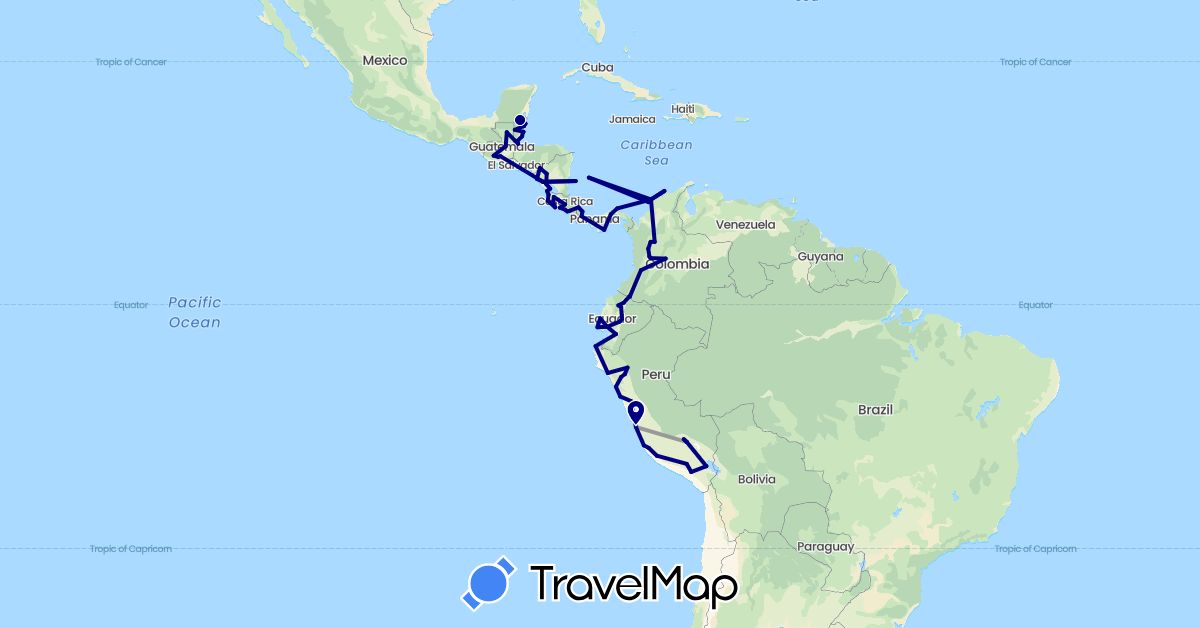 TravelMap itinerary: driving, plane in Belize, Colombia, Costa Rica, Ecuador, Guatemala, Nicaragua, Panama, Peru (North America, South America)